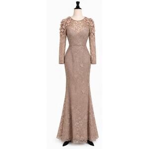 Mac Duggal Taupe Floral Applique Beaded Long Sleeve Evening Gown 11323 4
